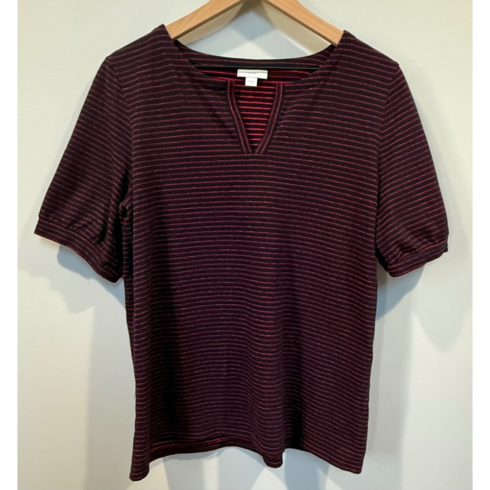 J Jill Striped V Neck Short Sleeve Top Women's Size M Navy Red Cotton‎ Pullover